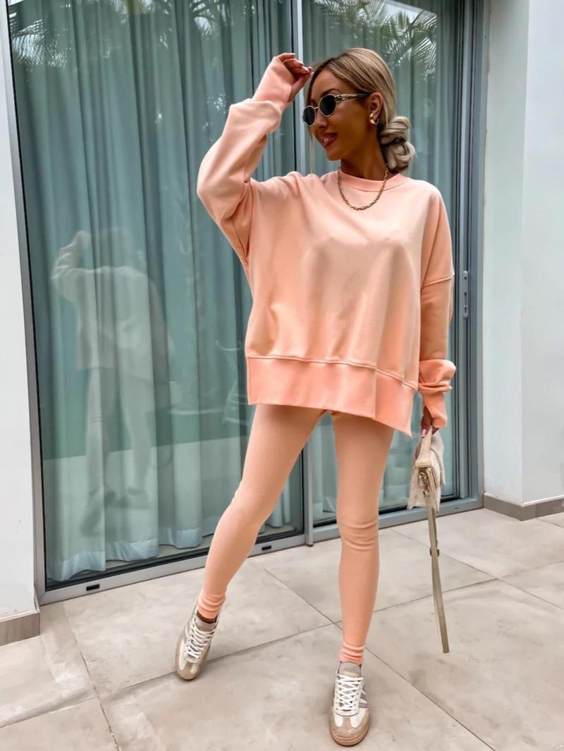 Product Introduction of 【Fashionwave Collection】 Two-Piece Set Women's Solid Drop Shoulder Split Hem Sweatshirt & Elastic Waist Pants, Casual Fashion Cozy Round Neck Long Sleeve Pullover & Skinny Trousers for Daily Outdoor Wear, Women's Lounge Clothing for Spring & Fall 12