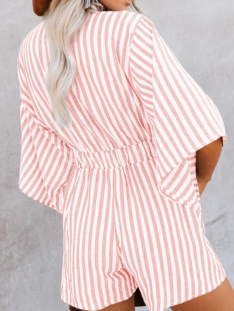 Product Introduction of Women's Striped Print Knot Front Romper, Casual Batwing Sleeve Pocket Jumpsuit, Ladies Clothes for Summer Daily Wear 6