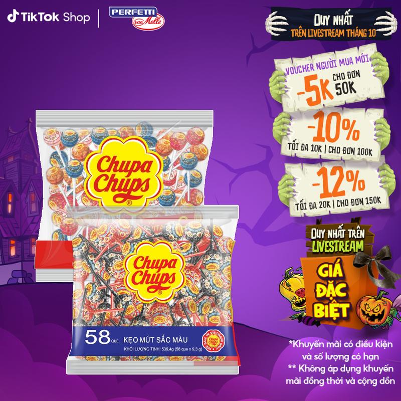 Kẹo mút Chupa Chups Hương trái cây hỗn hợp, kẹo mút tô màu lưỡi hương Dâu và Cola (Gói 10 que/58que/60que)