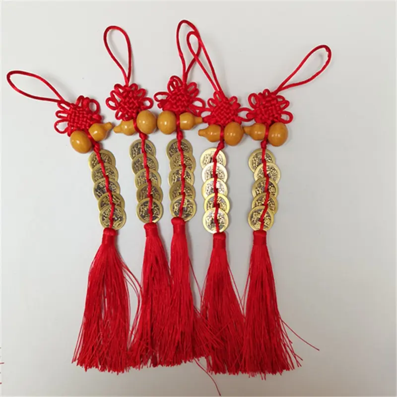 5PCS High Quality Wooden Gourd Pure Copper Five Emperor Money Pendant Chinese Knot Tassel Auspicious Knot Home Pendant