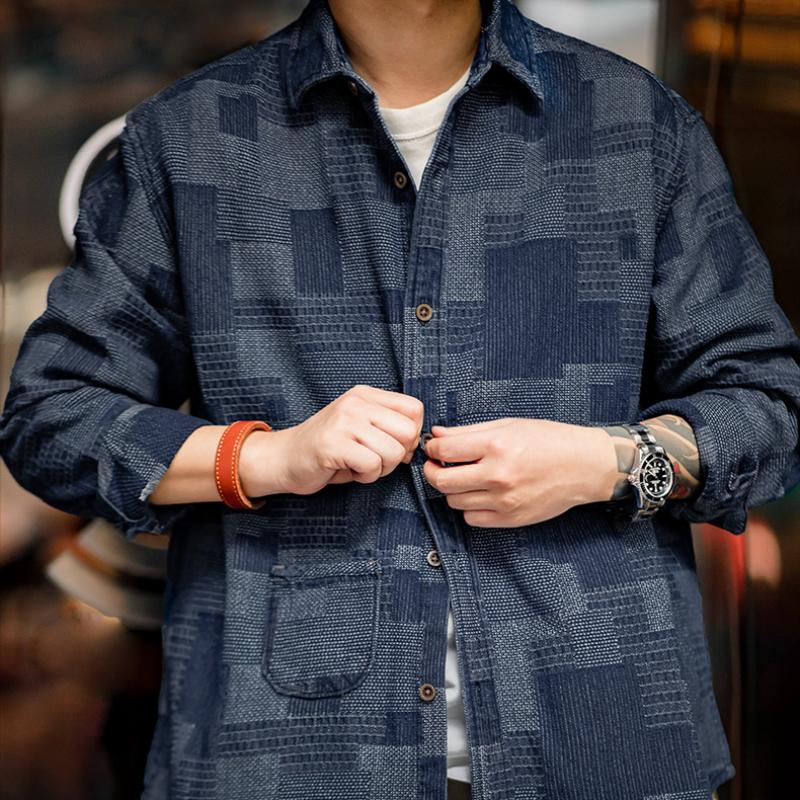 【Giao hàng nội địa MADEN Áo Sơ Mi Denim Boro Cổ Điển Dành Cho Nam Giới, Chắp Vá Jacquard, Áo Khoác Sơ Mi Dài Tay, Ngoại Cỡ, # viraltiktok