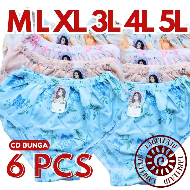 TERMURAH 6 Pcs celana dalam wanita kain katun motif bunga M,L,XL,3L,4L murah LABELLAID 1