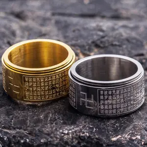 Cincin Tulisan China Swastika Warna Emas Dan Silver / Cincin Om Mani Padme Hum Stainless Steel PREMIUM Very High Quality - Cincin Buddha Mantra Tibet Pria Wanita / Tibetan Mantra Amulet Rotating Rings / Cincin Pria Elegan / Spinner Rings Buddhism Gold
