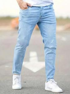 Men's Regular Fit Solid Color Ripped Jeans, Casual Comfy Slim-fitting Denim Pants for Daily Wear, Fashion Men's Bottoms for All Seasons, Cotton