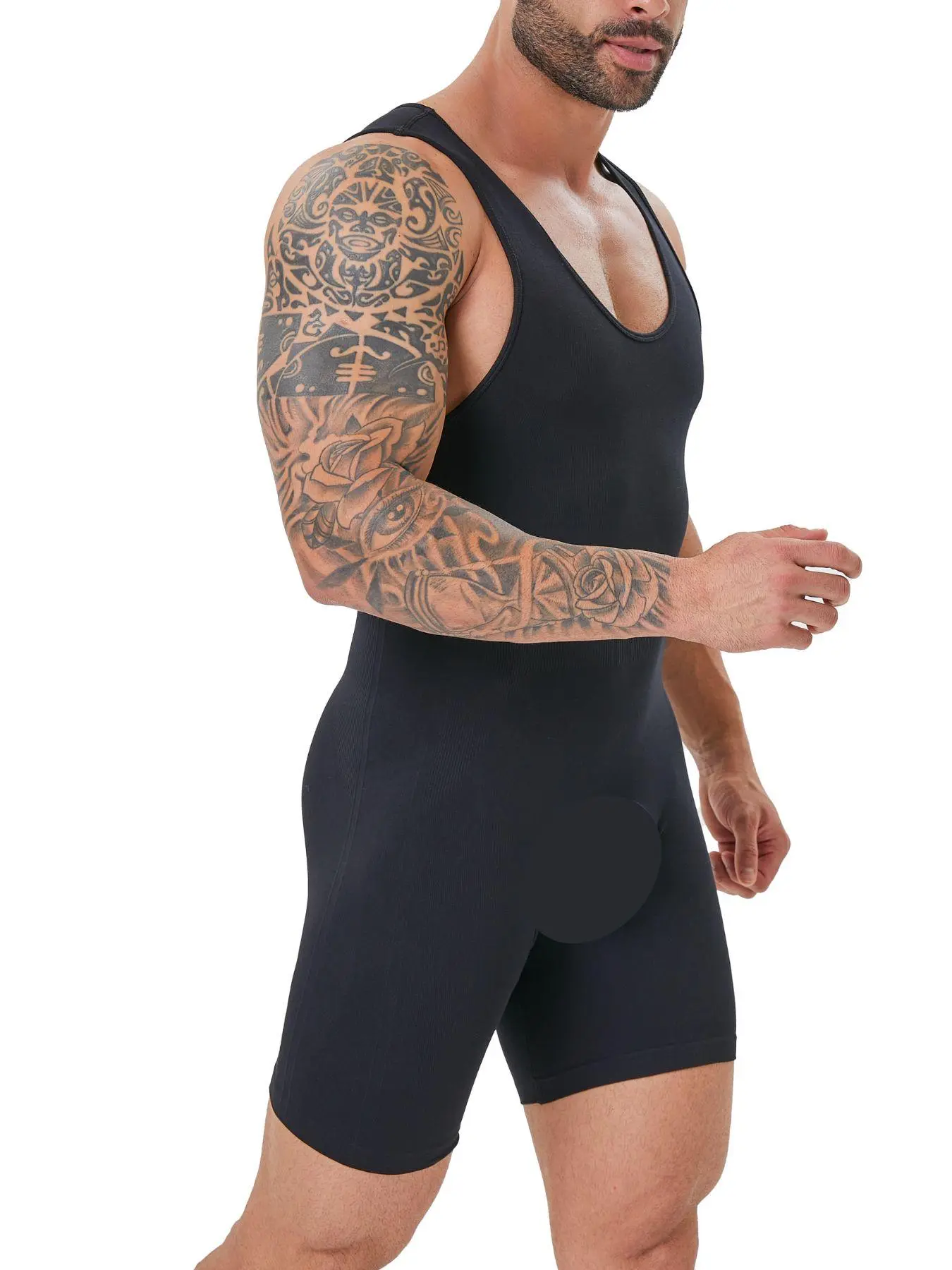 Men's Solid Color Open Crotch Jumpsuit, High Stretch Comfortable Breathable U Neck Sleeveless Romper for Men, Casual Tight-Fitting Jumpsuit for Summer