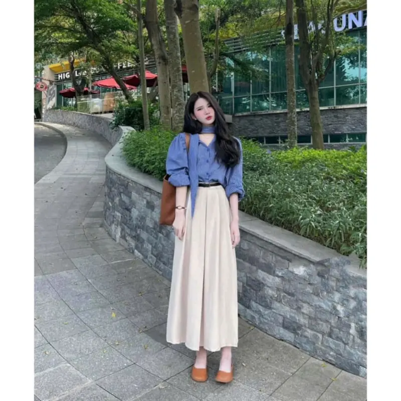 Sét bộ váy 3 món Nữ chất cotton lạnh dáng dài xòe maxi thiết kế áo sơ mi dài tay cột nơ cổ kèm đai lưng tiểu thư xinh đẹp mặc đi chơi hẹn hò ăn uống Văn phòng thanh lịch  Women Dress 6