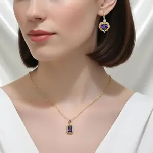 Kalung Liontin Batu Kotak Ungu Dan Anting Love Ungu Aksesoris Simpel Mewah untuk Acara Formal Kirana Sellero