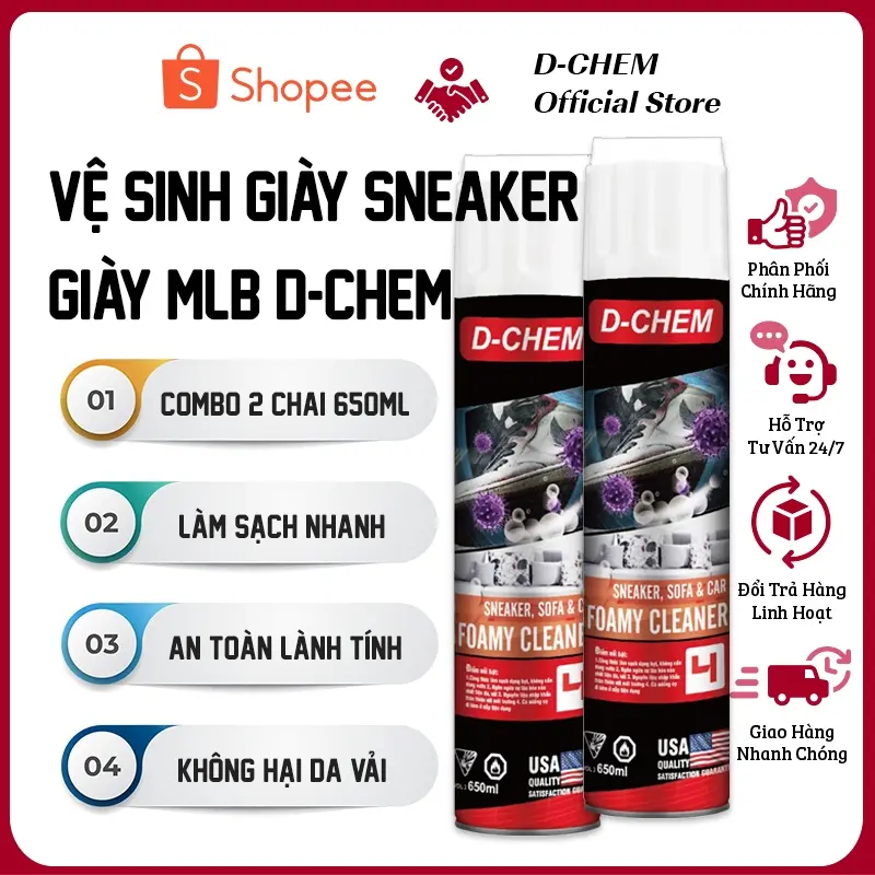 Combo 02 Bình Xịt Vệ Sinh Giày Sneaker D-Chem Chai Lớn 650ml Dạng Bọt Tẩy Sạch Vết Bẩn GIày Dép Phụ tùng dụng cụ gia đình Phụ tùng đa chức năng Phụ tùng xe máy đầy đủ 0