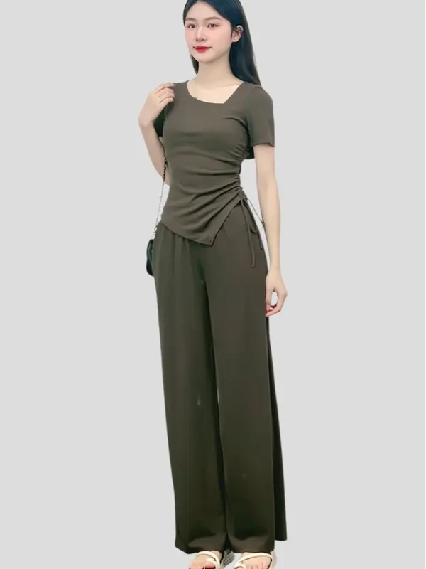 [Set Cổ Lệch Cộc Tay 02] Bộ Set Cổ Lệch Nhún Eo Ngắn Tay Kèm Quần Suông Chất Thun Tăm cho Nữ Jima 121 Women - Áo, Top 3