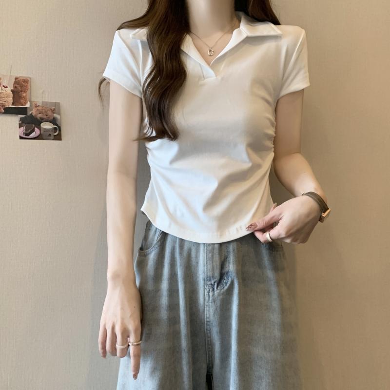 Product Introduction of 106 # Real Shot Real Price 40s Pure Cotton 210g (92% Cotton/8% Spandex) Polo Collar Waist-Cinching Short Sleeve T-Shirt for Women Top Womenswear 5