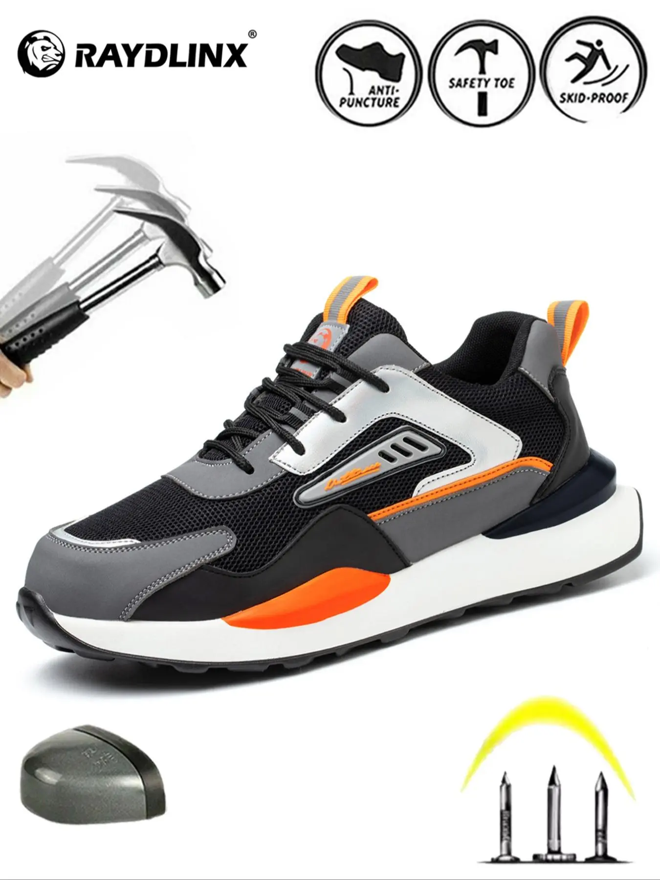Men's Color-block Lace Up Front Mesh Breathable Safety Shoes, Lightweight Comfortable Anti-slip Work Shoes Steel Toe Trainers