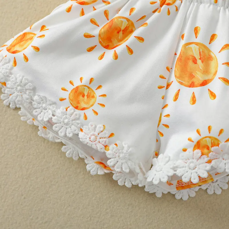 Newborn Casual Style Romper, Baby Girl Sleeveless Sun Print V-neck Playsuit with Decorative Flower Yellow 2