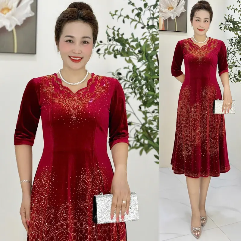 Đầm Trung Niên M678 Vải nhung tuyết co giãn size Từ 48-75kg ép đá dmc Ôm gọn Thanh lịch Dress Váy Nữ Tím Women Đỏ 4