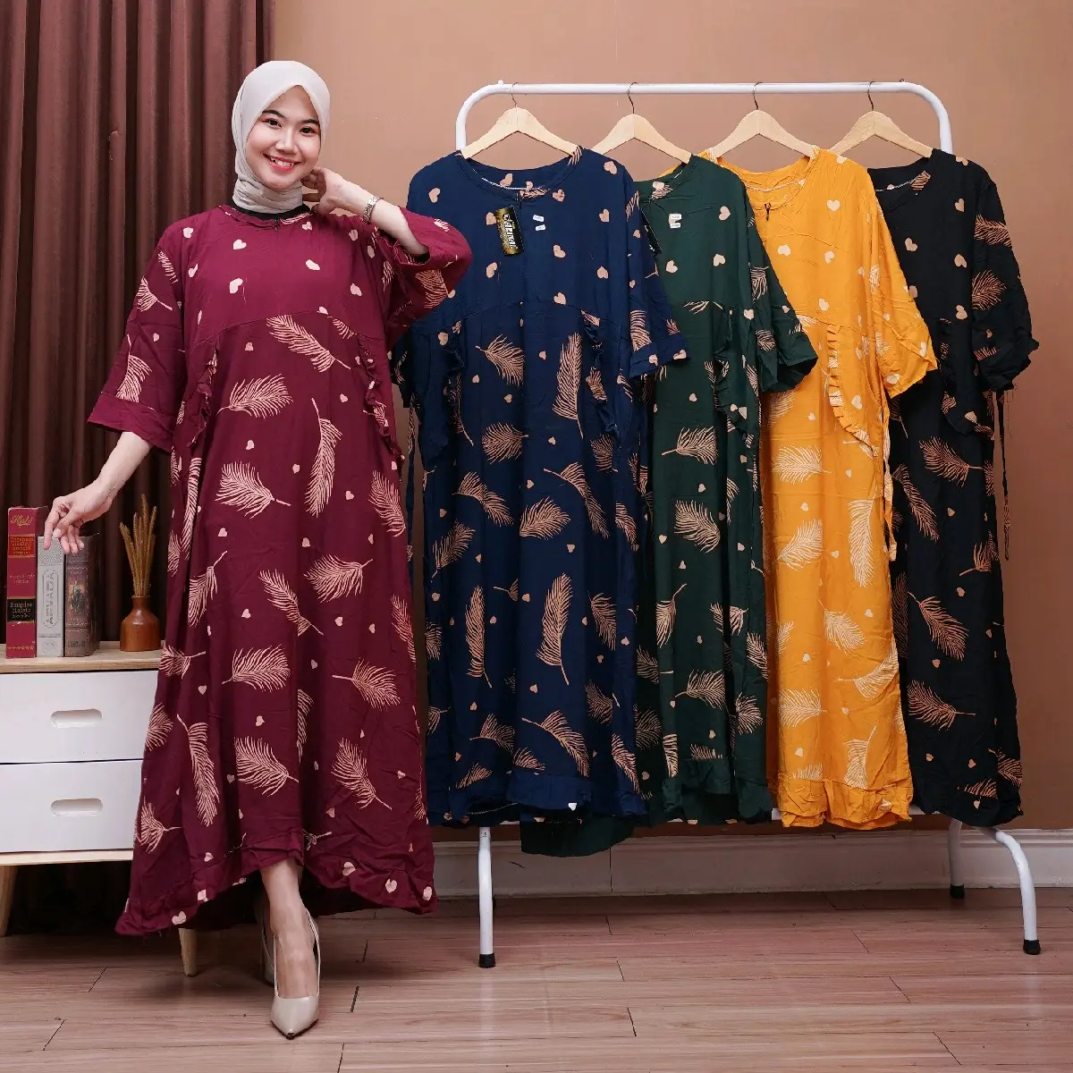 Gamis Rayon Premium motif love Rempel Cantik Nyaman dipakai sehari hari