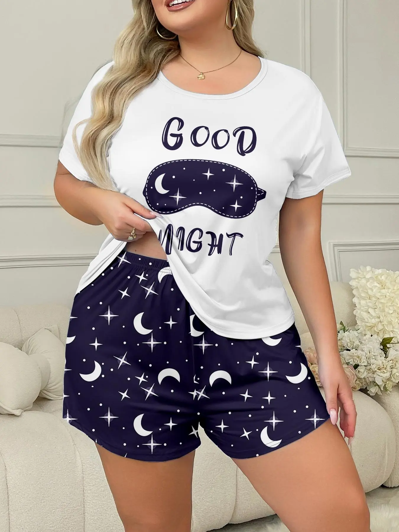 Plus Size Moon Print Tee & Shorts Loungewear Two-piece Set, Casual Comfy Round Neck Short Sleeve T-shirt & Shorts PJ Set, Women's Sleepwear for Summer