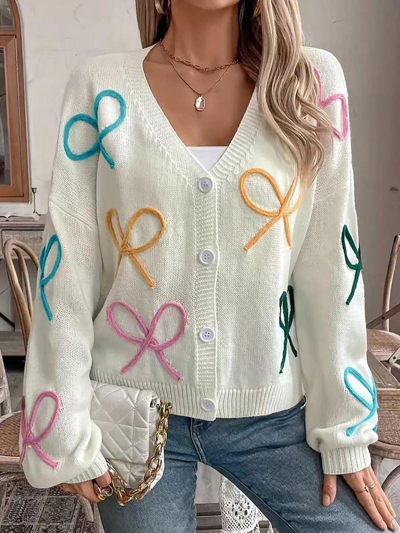 Product Introduction of Women's Colorblock Bow Pattern V Neck Sweater Cardigan, Casual Long Sleeve Cardigan for Spring, Fashion Women's Knitwear for Daily Wear Valentine's Day, gift 5