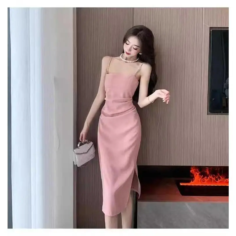 Fashionable summer new retro pink long paragraph vest women's sleeveless dress, with a niche temperament and design sense
