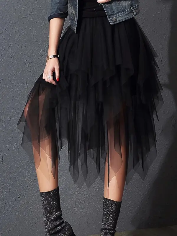 Women's Asymmetrical Hem Tiered Layer Tulle Skirt, Elegant High Waist Midi Skirt for Party Holiday Vacation, Ladies Summer Clothes, Fashion Outfit for Summer Valentine's Day, gift 2