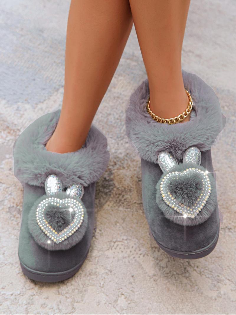 Product Introduction of Women's Cute Rhinestone Heart Decorated Plush Slippers, Casual Soft Comfortable Home Slippers, Warm Slippers for Indoor & Outdoor Use for Fall & Winter 4