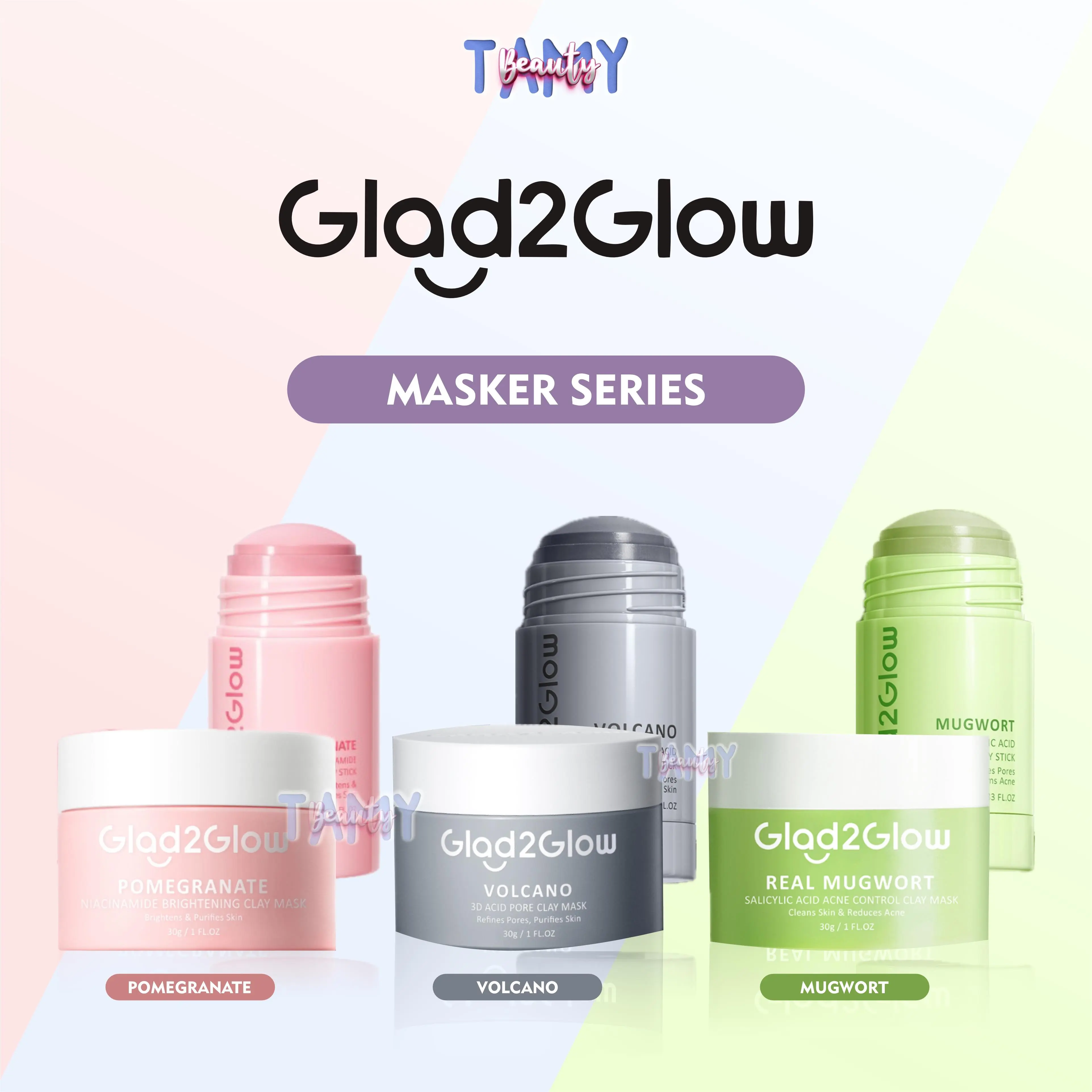 Glad2Glow G2G Clay Mask & Stick Mask Masker Wajah | Volcano | Mugwort | Pomegranate glad2glow  moisturizer masker roll  glad2glow mask  g2g