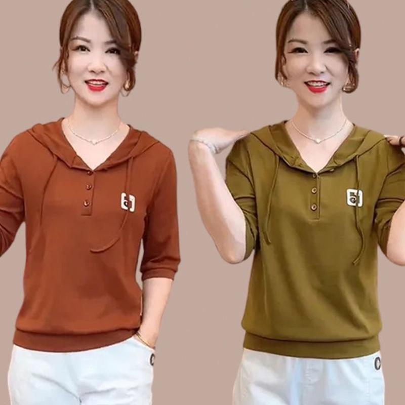 Product Introduction of Áo Thun Dài Tay Có Mũ Trùm Đầu, Mỏng, Trang Phục Đầu Thu Của Mẹ, Phong Cách Đi Chơi Chống Lão Hóa, Áo Thời Trang Phong Cách Phương Tây 11
