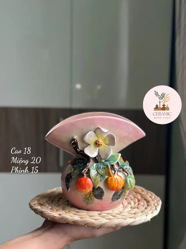 Bình đắp hoa nổi thủ công - gốm Bát Tràng Decor bình chuông  cắm hoa lọ hoa 8