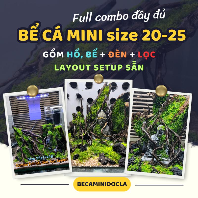 [ Full đầy đủ bể 20, bể 25] Combo đầy đủ đèn,lọc, bể, layout, Mẫu Layout đá setup sẵn cho bể cá để bàn, gồm cát sỏi đi kèm, vật liêụ đá đen gia lai, lũa, cây nhựa tiểu