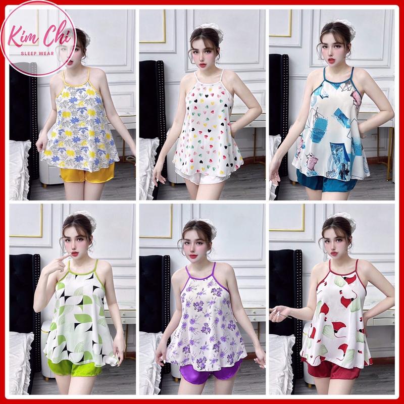 Sét yếm hoạ tiết -Bộ yếm mặc nhà xinh, nhiều hoạ tiết hoa văn trước và sau, chất liệu áo lụa Mango quần chất Phi lụa size 45 - 65kg, mặc mát bốm mùa, gói 1 bộ