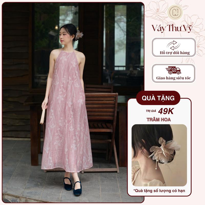   Tặng trâm hoa  Váy yếm đũi Thư Vỹ dập nhăn dáng suông dài có túi thanh lịch Cayleo Design  - DD856 Women Dress 