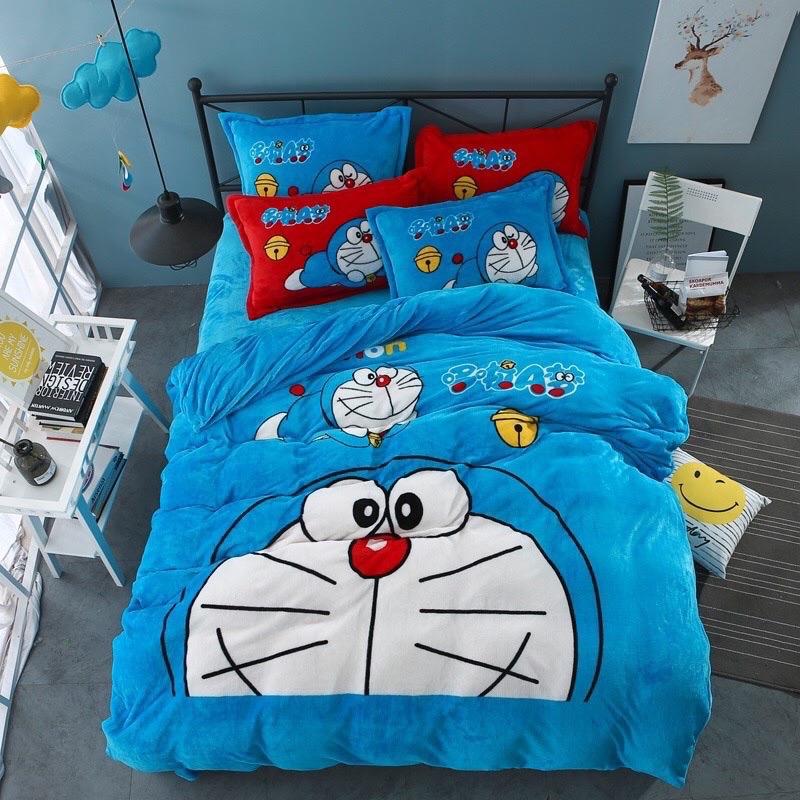 Bộ Chăn Ga Gối Nỉ Nhung Doremon Xanh