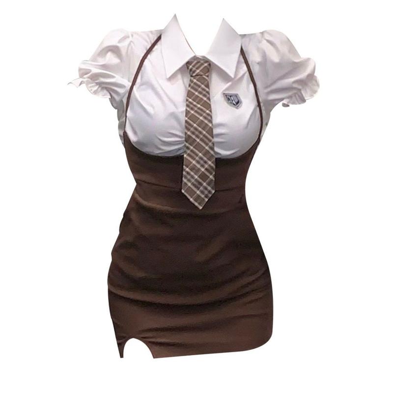 Y2K Hela - Bộ Đồ Nữ Đầy Đặn Phong Cách Preppy Mỹ Váy Tôm Cổ Điển Bộ Đồ Mùa Hè 2023 Áo Sơ Mi Trắng Tinh Khiết Ngoại Cỡ