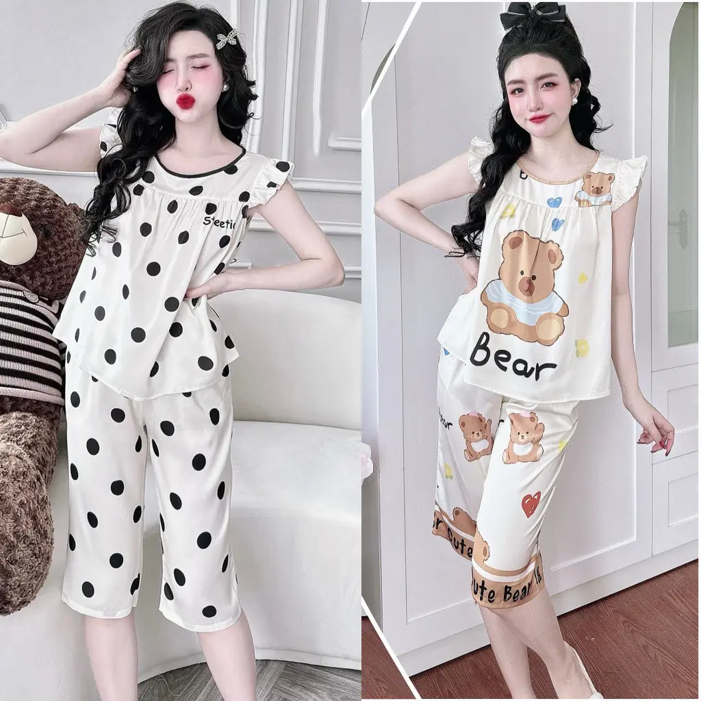 [38-70kg] Đồ bộ ngủ dành cho nữ cổ tròn cánh tiên quần lửng lụa xước ánh kim 38-70kg