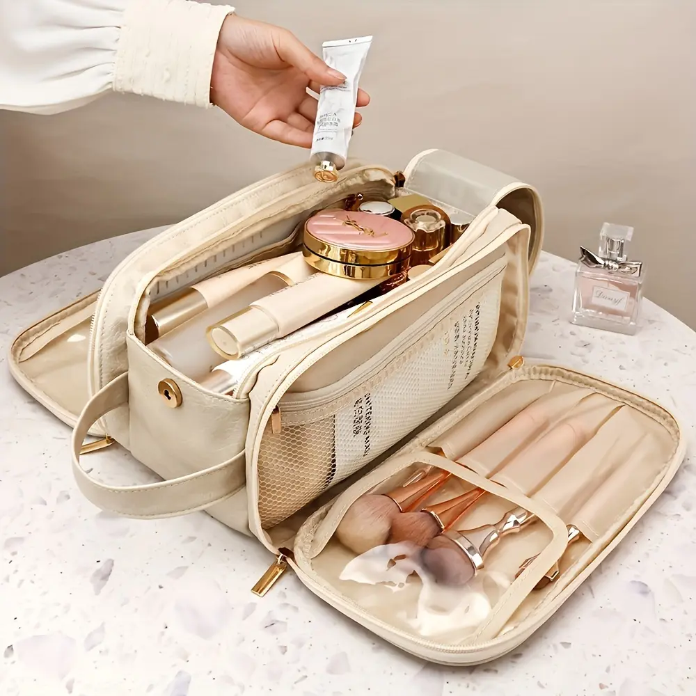 Multifunctional toiletry bag for women, large capacity, portable, for makeup brushes and toiletries.