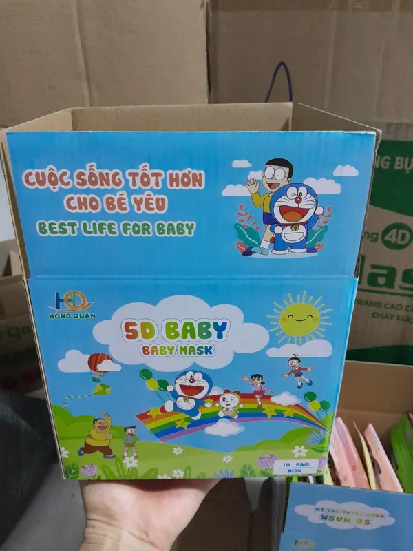 (size sơ sinh 0-2tuoi, dưới 11kg) Thùng 100 cái khẩu trang 5D cho bé 0-2 tuổi, nên dùng cho các bé từ sơ sinh đến 12 kí, khẩu trang Hồng Quân mix họa tiết đáng yêu 2