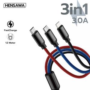 Hensawa 3in1 Fast Charge Cable 3.0A สายชาร์จเร็ว USB to (ip+Type C+Micro) สายถักไนลอน รุ่น US24 ชาร์จพร้อมกันได้ มาตรฐาน ทนทาน