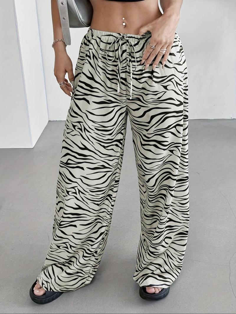 Product Introduction of Women's Zebra Stripe Print Drawstring Waist Wide Leg Pants, Casual Comfy Trousers for Daily Wear, Ladies Bottoms for All Seasons 4