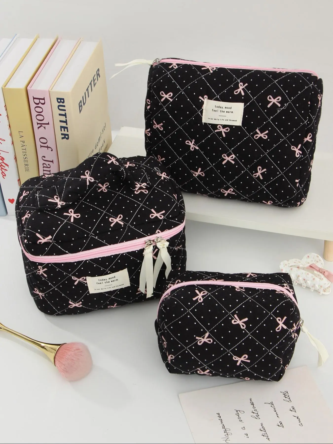 Bow Pattern Makeup Bag Set, /set Cute Quilted Makeup Bag, Travel Essential Makeup Bag, Toiletries Storage Makeup Bag, Fashionable Multifunctional Portable Makeup Bag