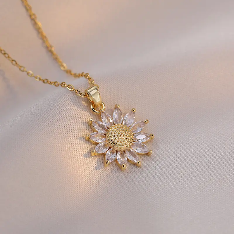 Selected Hot Selling Items] Fashion Boutique Necklace For Women, Internet Celebrity Sunflower Zircon Flower Niche Light Luxury New Design Pendant Elegant Titanium Steel Necklace