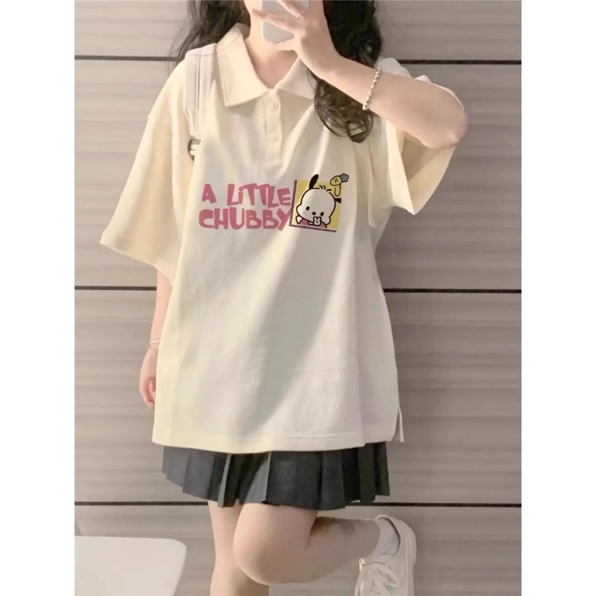 Áo Polo, Phong Cách Mùa Hè, Áo Phông Ngắn Tay, Dành Cho Nữ, Thiết Kế Hình Chó Pacha, Dễ Thương Và Ngọt Ngào, Phong Cách Preppy Hàn Quốc, Dáng Rộng Vừa Vặn, Áo Dễ Phối Đồ