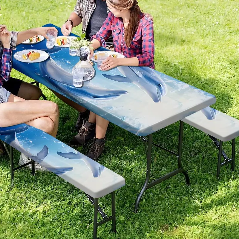 Dolphin Pattern Picnic Table Bench Set, Outdoor Use Table Bench Cover, Versatile Decoration for Picnics, Barbecues, and Park Gatherings 7