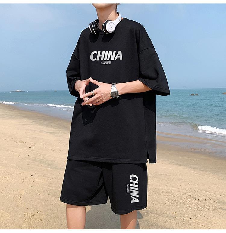Product Introduction of Summer New Trendy Hong Kong Style Simple Letter Printing Leisure Sports Suit Green Student Short Sleeve Shorts Two Pieces Suit Menswear Overalls Lingerie Formal 26