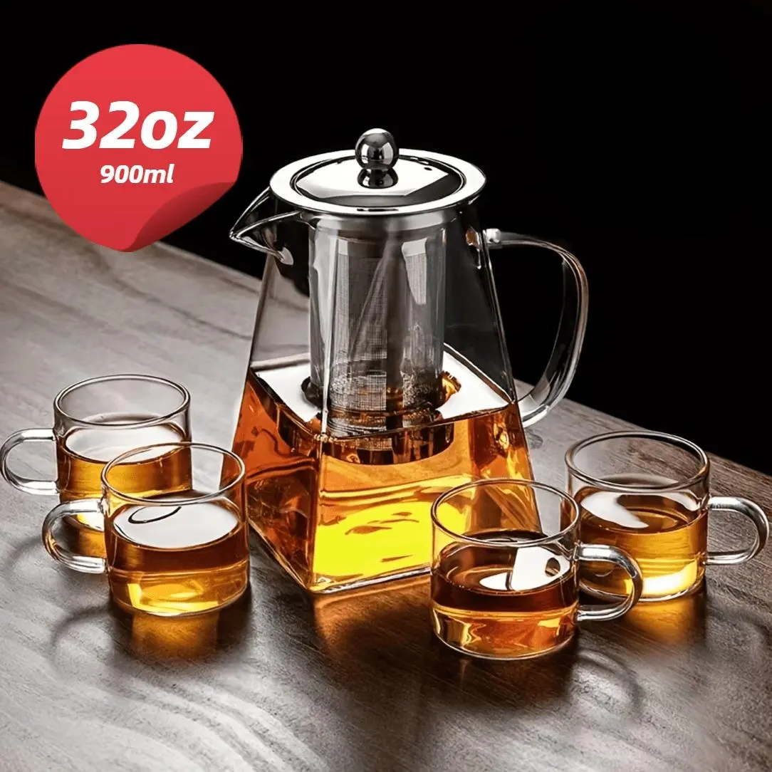 Glass Tea Pot & Cup Set, 5 Counts/set Including Tea Pot & Tea Cups with Stainless Steel Filter, Tea Making Tool for Home Office Use