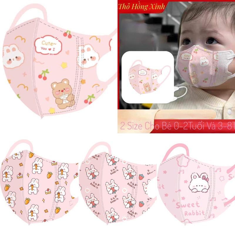 (Thỏ Hồng) 3 Size Bé 0-8 Tuổi [ Túi 10/50 Cái] Khẩu Trang 3D Hoạ Tiết In Hình Thỏ Hồng 3 Size Cho Bé (Từ 5-25kg) Vải Lụa Mềm Mịn