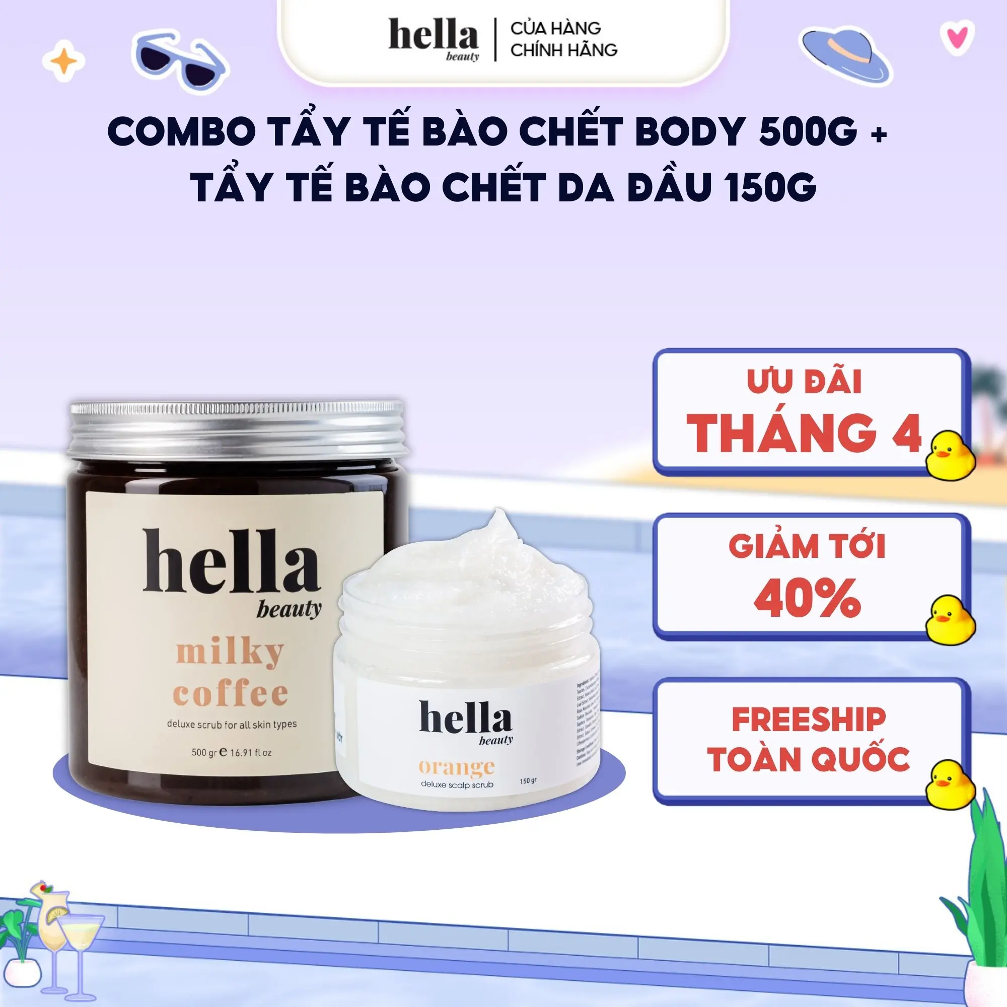 Combo Tẩy tế bào chết body hữu cơ Hella Beauty 500g + Tẩy tế bào chết da đầu tinh chất quả cam 150g