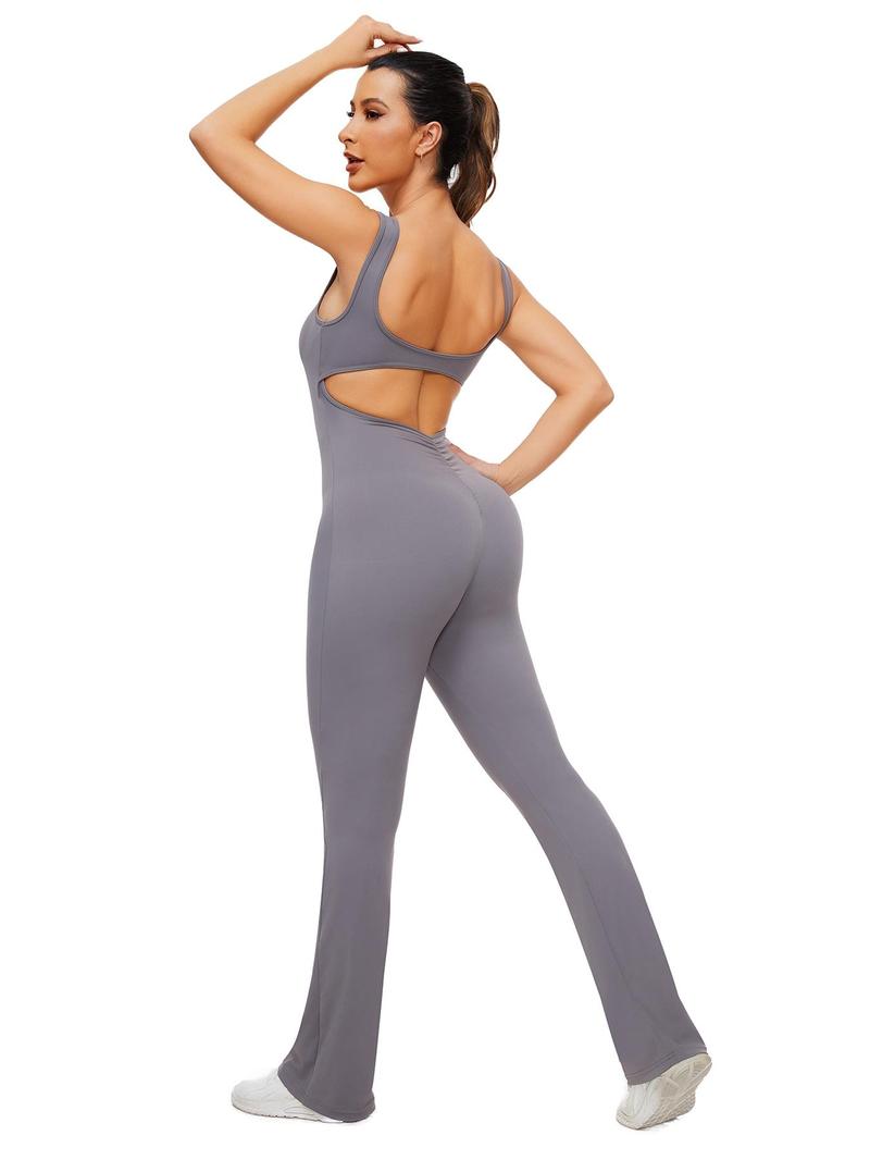 Product Introduction of Women's Cut Out Flared Sports Jumpsuit, Sport Scoop Neck Backless Tank Jumpsuit, Ladies Sportswear Clothing, Tummy Control 8