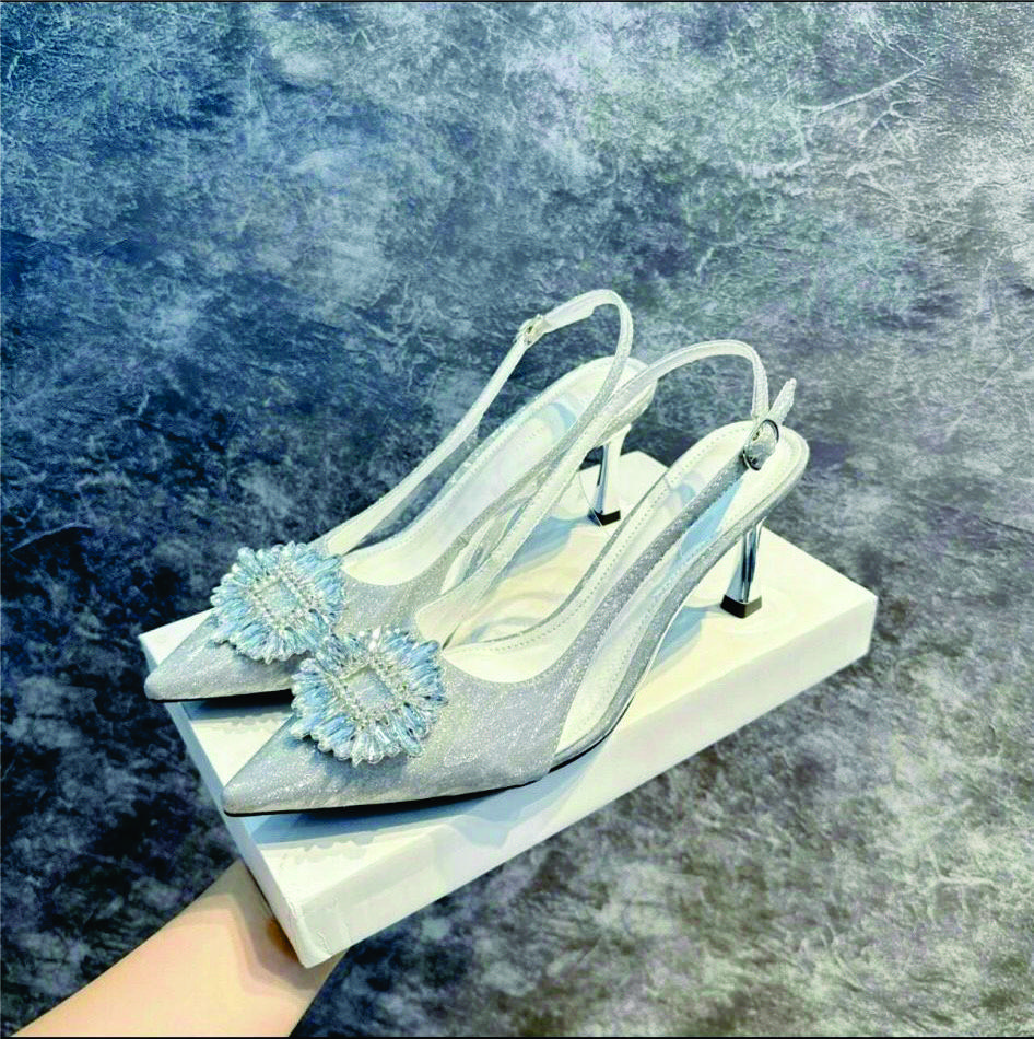 Giày cao gót mũi nhọn đính mặt đá tròn, phối  2 tầng cao 7-9 cm , 2 màu ánh vàng- ánh bạc - đen - trắng cao gót