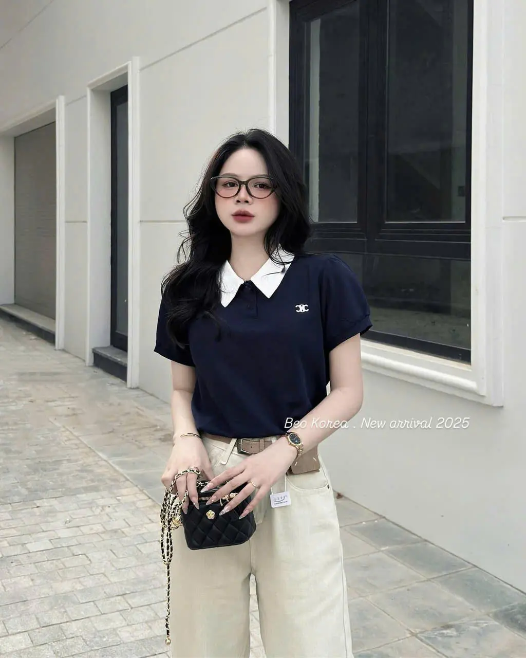 ANTK13_ ÁO POLO NỮ XANH THAN PHỐI CỔ TRẮNG THÊU CC