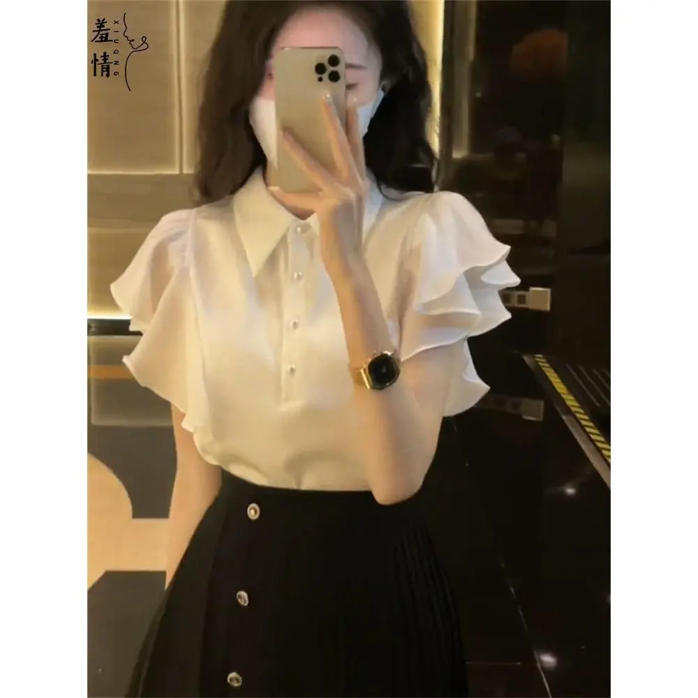 Áo Sơ Mi Xếp Nhún Màu Trắng, Phong Cách Pháp, Thiết Kế Thanh Lịch, Dành Cho Nữ, Hàng Mới Về Mùa Hè 2024, Cổ Polo, Tay Bay, Áo Hợp Xu hướng Top Women
