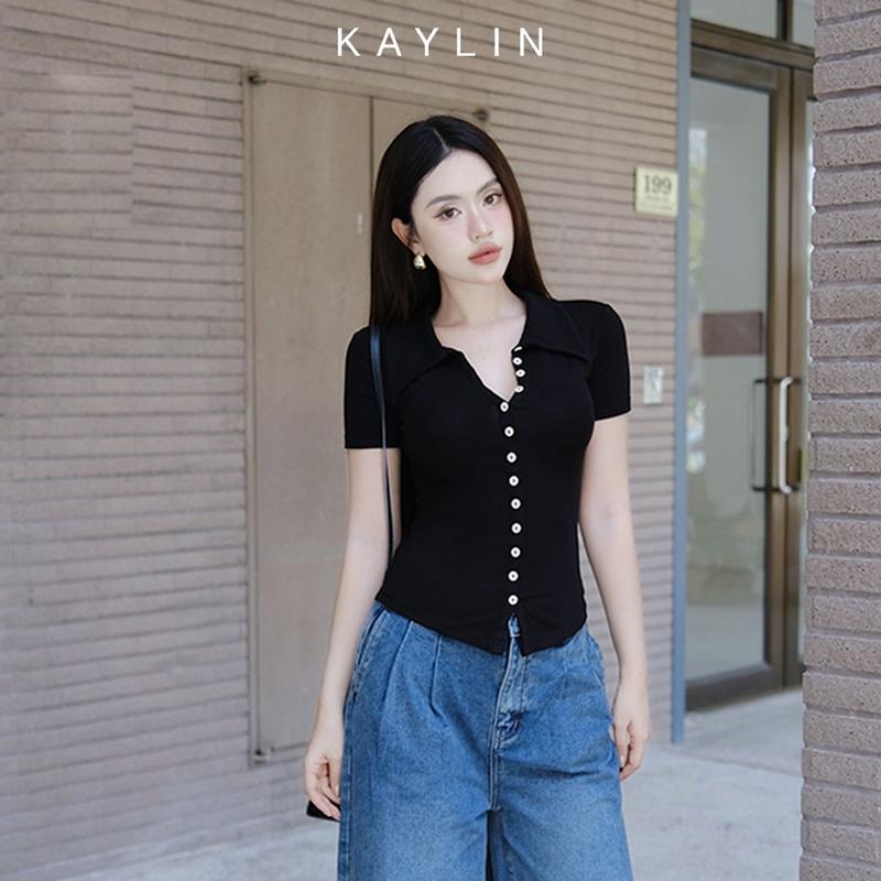 Áo thun KAYLIN cổ sơ mi phối nút chất vải thun cotton co giản phong cách thanh lịch - N2314 Nữ Women Top Cổ Tròn 4