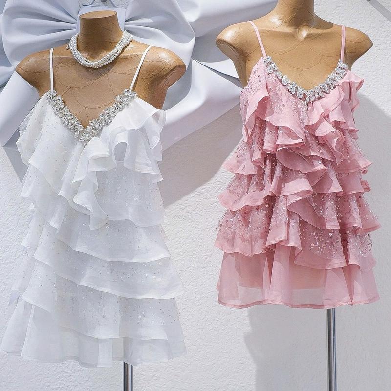 1994 STORE - Đầm thiết kế đi tiệc nữ,đầm kim sa cao cấp hai dây voan bèo tầng đính viền đá sang chảnh. Dress Women Trắng Váy 8